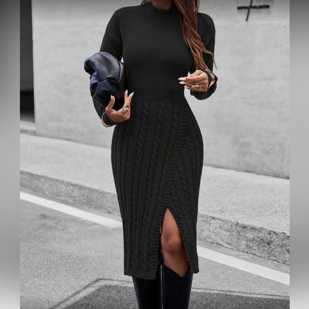 Black Cable Knit Sweater Dress